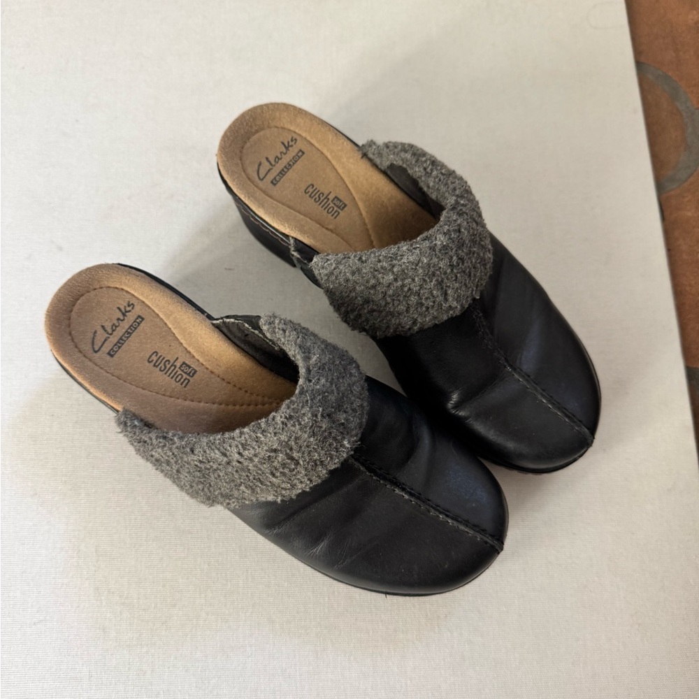 Clarks Black Leather Shearling Lined Platform Presley Clog Mules Retro Y2K 6.5 - Picture 8 of 9